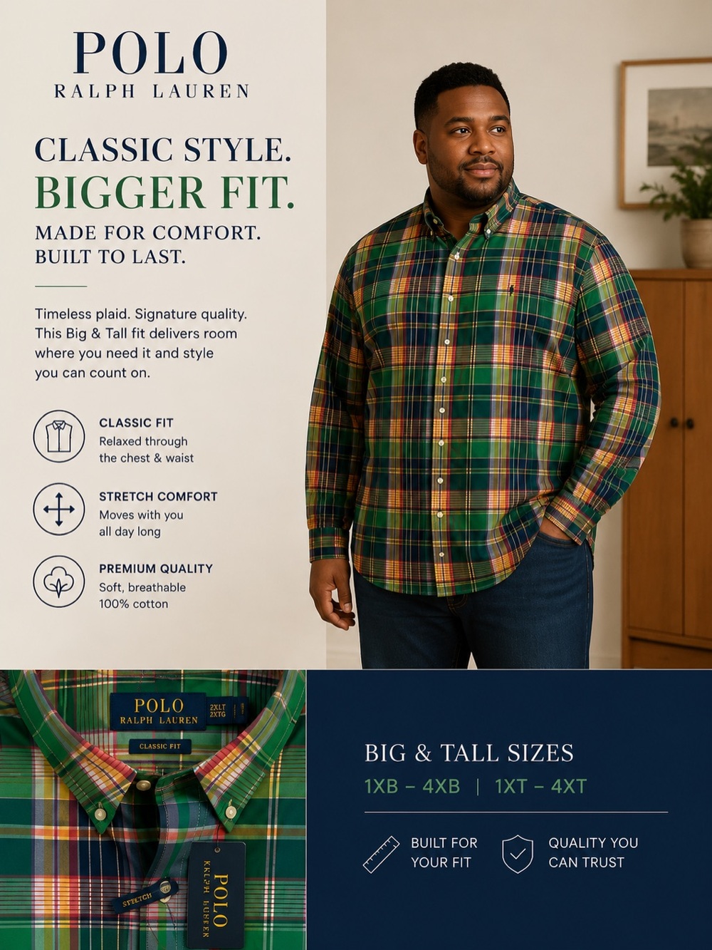 Ralph Lauren Men’s Green Plaid Button-Down Shirt with Yellow & Navy Accents